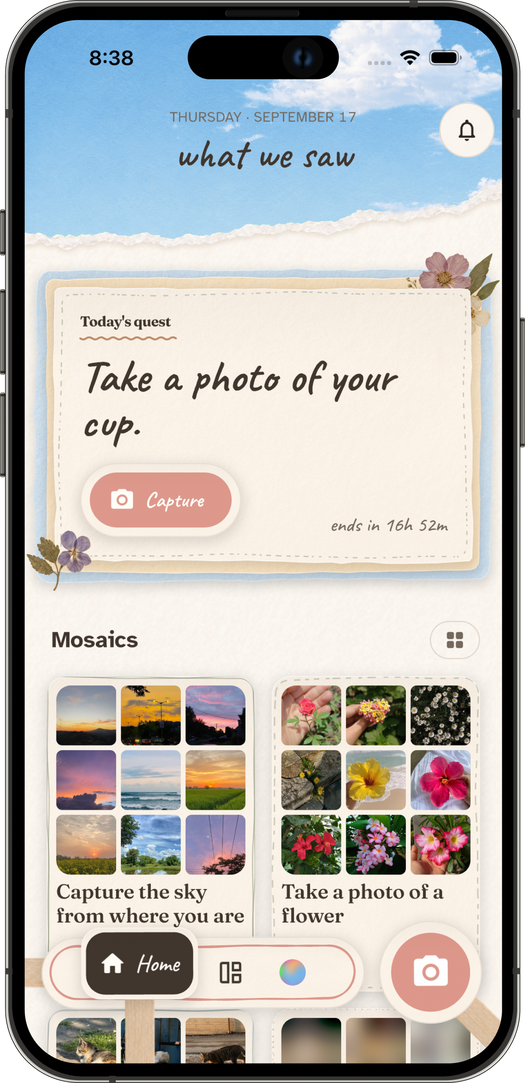 What We Saw app: today's shared photo quest and recent mosaics.