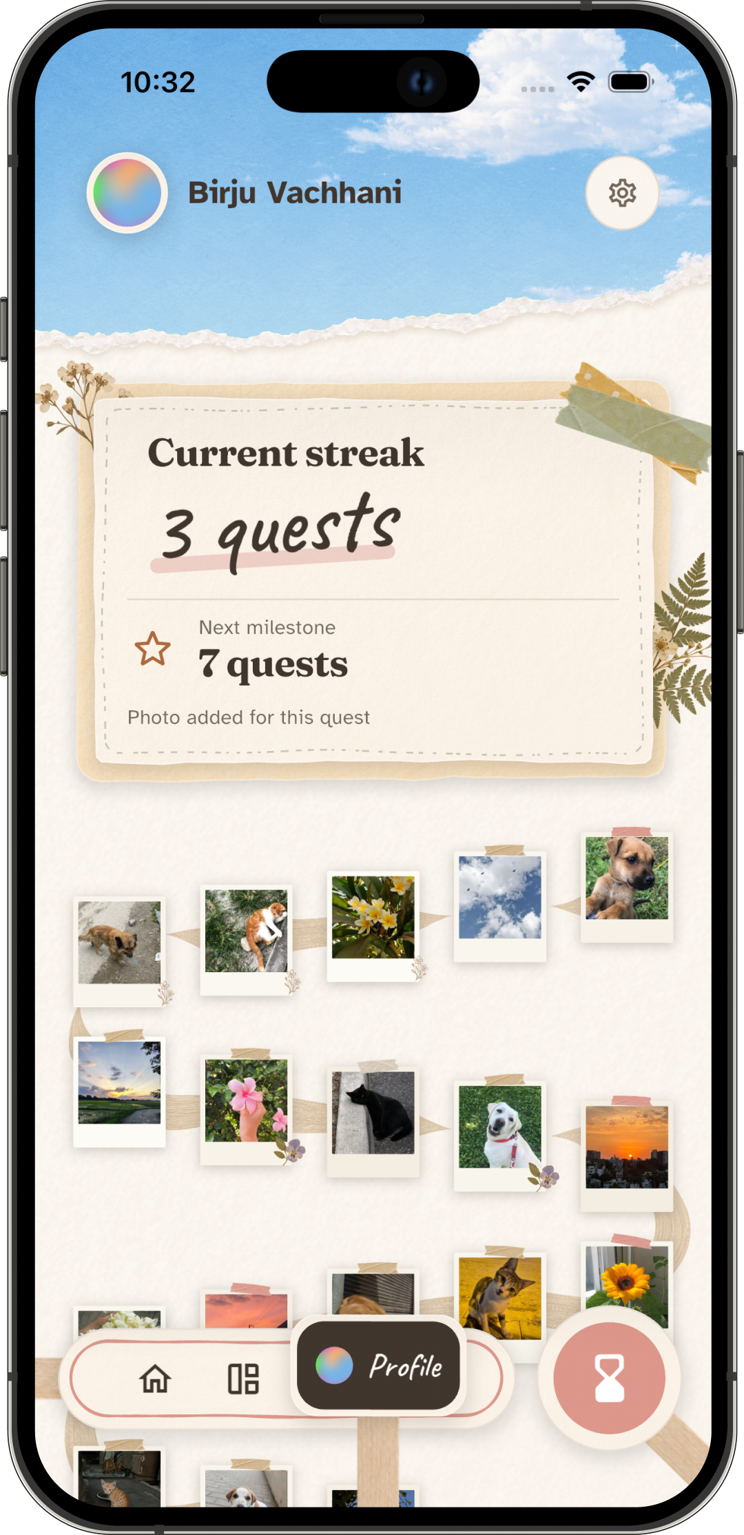 Personal photo journal with past contributions and daily ritual stats.